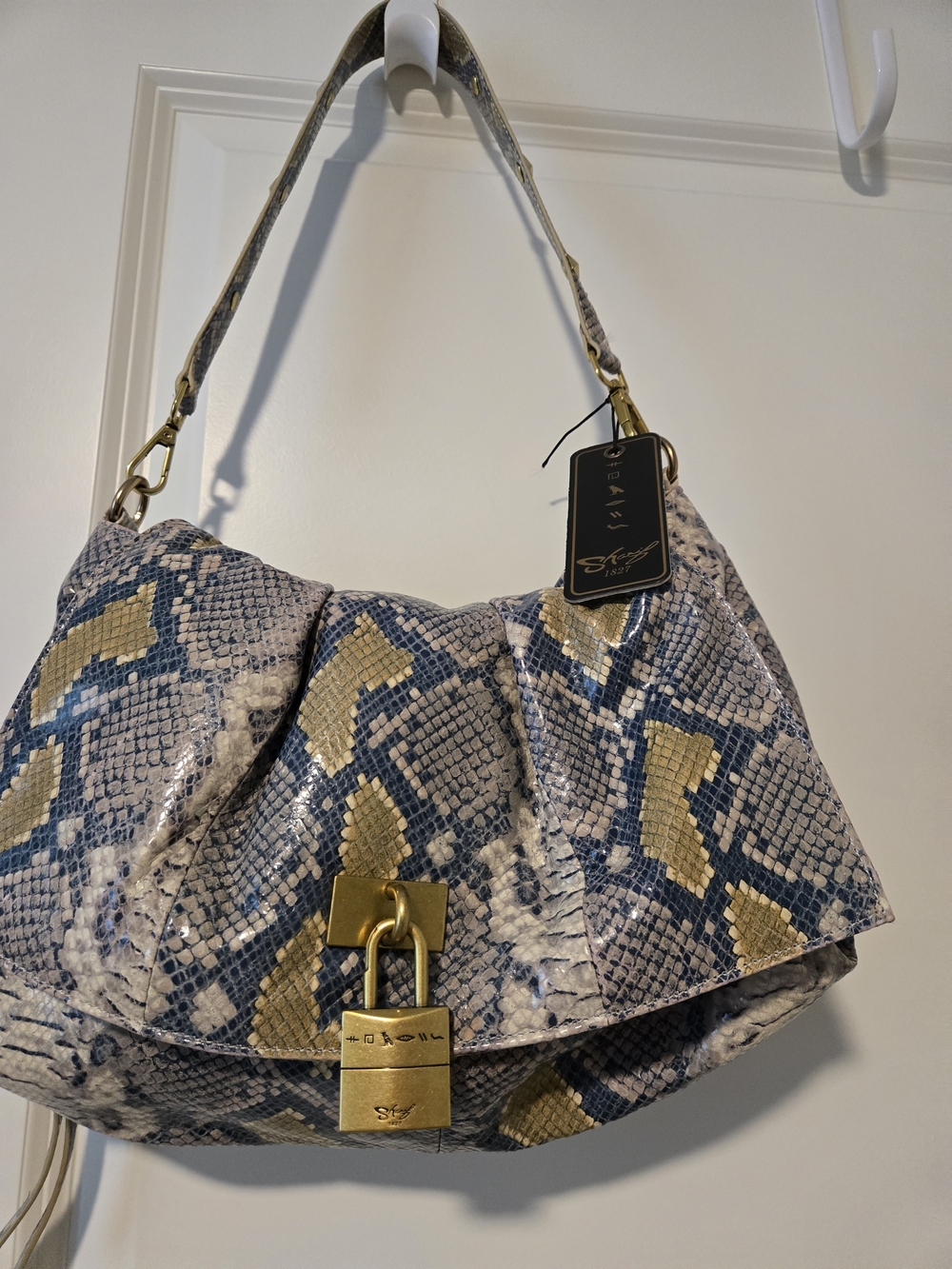 Shariff Snake-Print Shoulder Bag with Gold Hardware